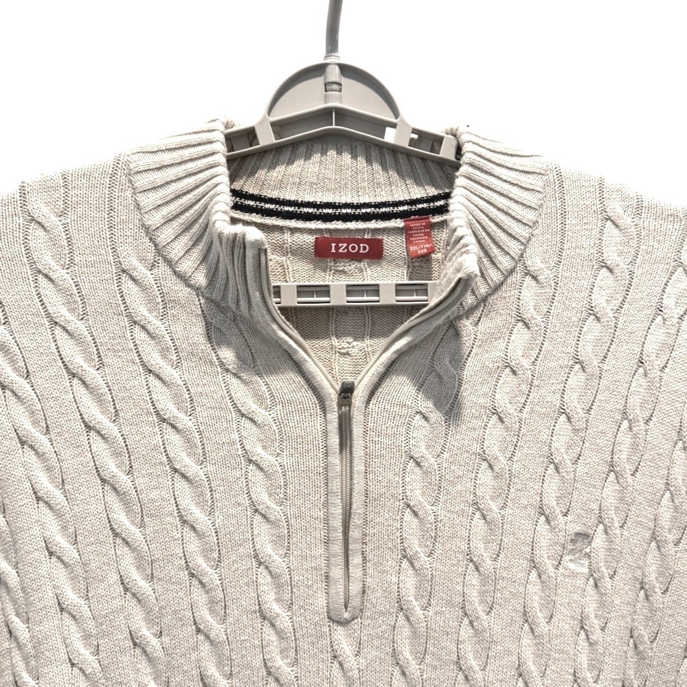 IZOD Mens XXL Beige Cable Knit Quarter Zip Mock Neck 100% Cotton Sweater XXL